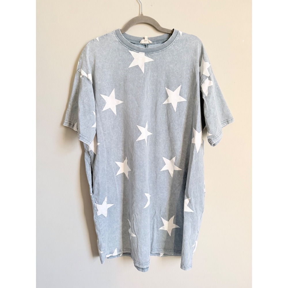 Easel Boutique T-Shirt Midi Dress Womens Medium Blue Acid Wash Star Print Pocket